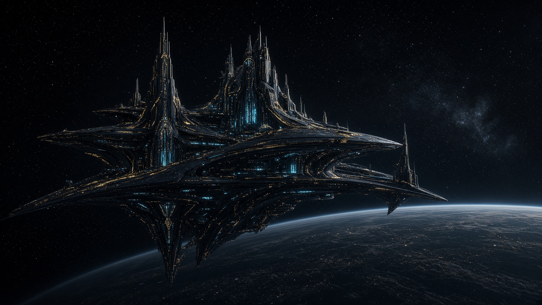 Orbital citadel of dark titanium above a planetary limb